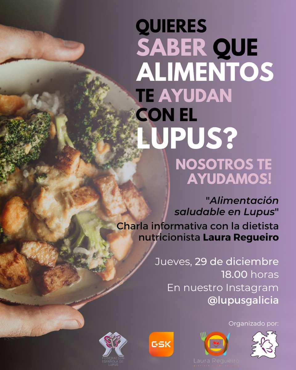 💬 Preparádevos porque en AGAL organizamos unha charla que vos vai a encantar coa nutricionista e dietista Laura Regueiro. ⏰ Non o perdas no noso perfil de Instagram @lupusgalicia o xoves 29 de decembro ás 18.00 horas. #lupusespaña #nutricionsana #lupus