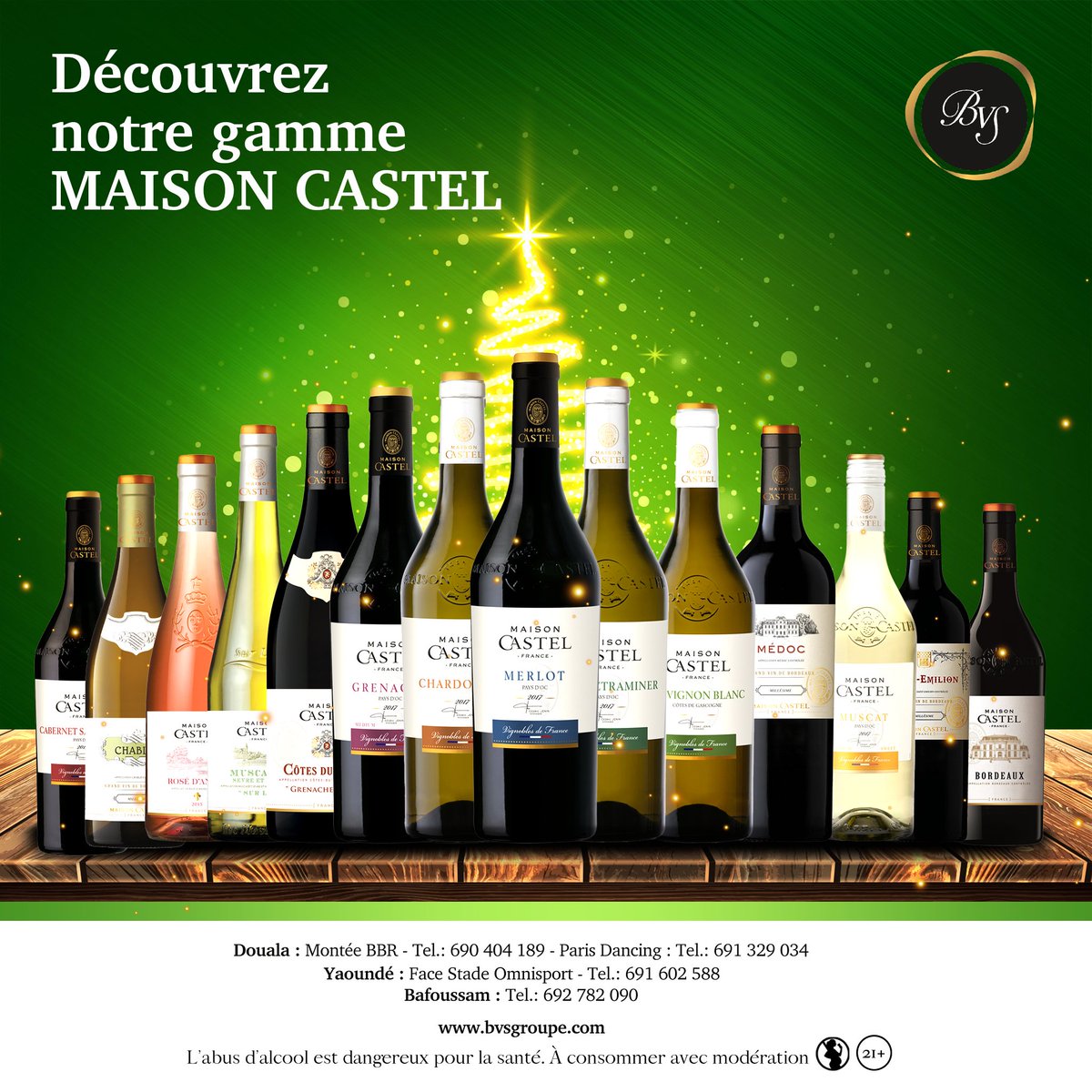 BVSGroupe's tweet photo. C'est le moment de surprendre vos proches avec des vins de qualité!
Découvrez la gamme Maison Castel dans vos points de vente habituels.
Douala : Bassa - 690 404 189 et Carrefour Paris Dancing - 691 329 034
Yaoundé : Omnisport - 691 602 588
Bafoussam : 692 782 090
#BVSGroup https://t.co/X2fHCYK7pX