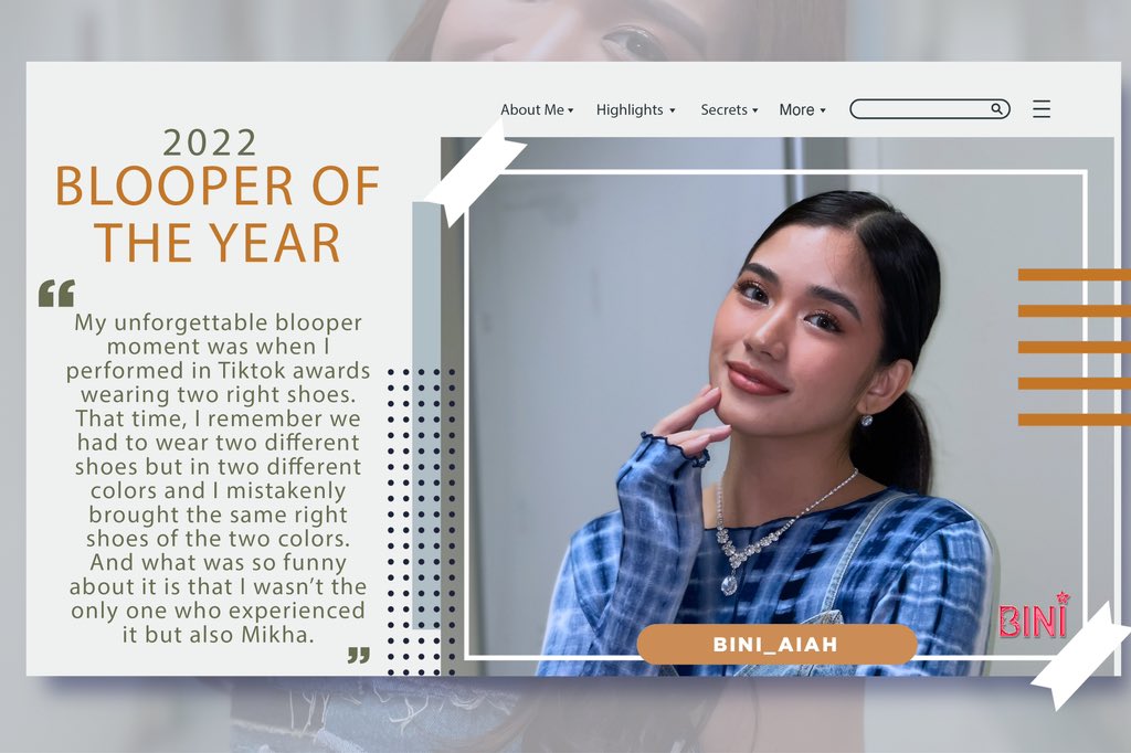 #BINI : Practice makes it perfect! But nobody is perfect! 👀 Here's our <a href="/bini_members/">BINI_MEMBERS</a>’ Biggest BooBoos of 2022 according to <a href="/bini_aiah/">Aiah Arceta</a>.

#BINI_Dear2022 <a href="/tiktokph/">TikTok Philippines</a>