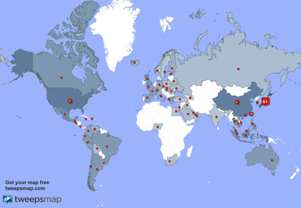My followers live in Japan (61%), Taiwan(10%)...
Get your map:
https://t.co/QsPPwYInhH 