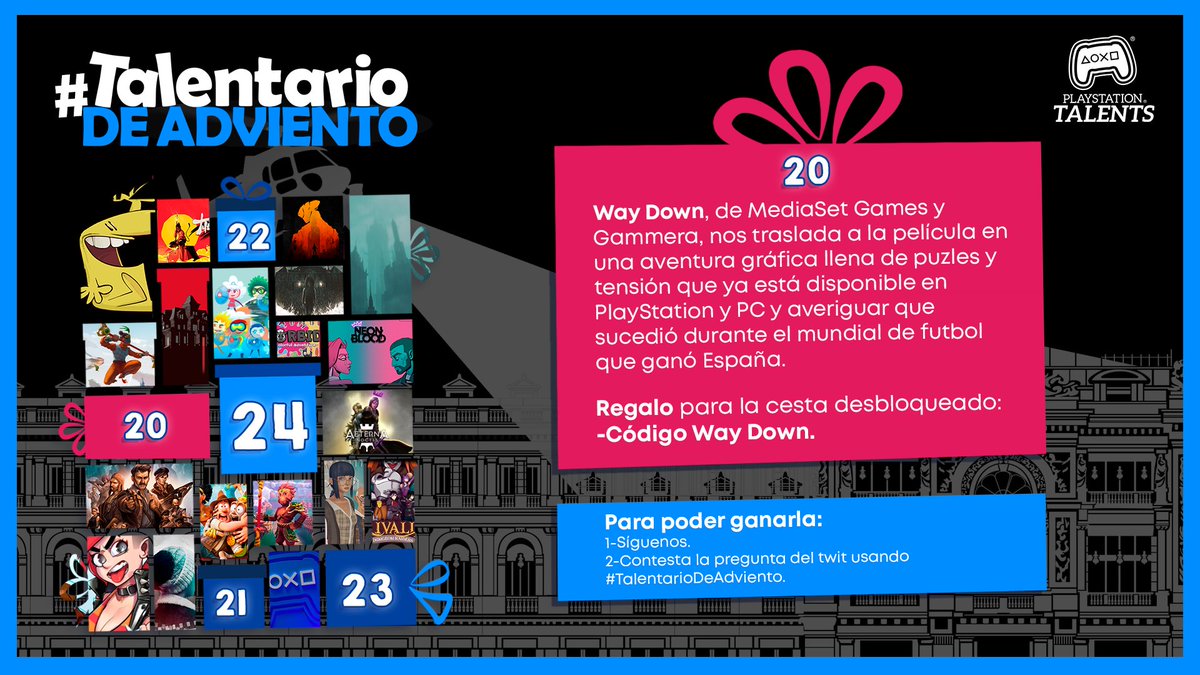 📢¡#WayDown, de <a href="/MediasetGames/">Mediaset Games</a>, se une al #TalentarioDeAdviento!

Sigue el Talentario de adviento🎁, cada día se desvelan más regalos.

Para ganarla👇
1⃣Síguenos.
2⃣Comenta usando #TalentarioDeAdviento qué juego "party" es con el que más te has divertido.

¡Participa cada día!