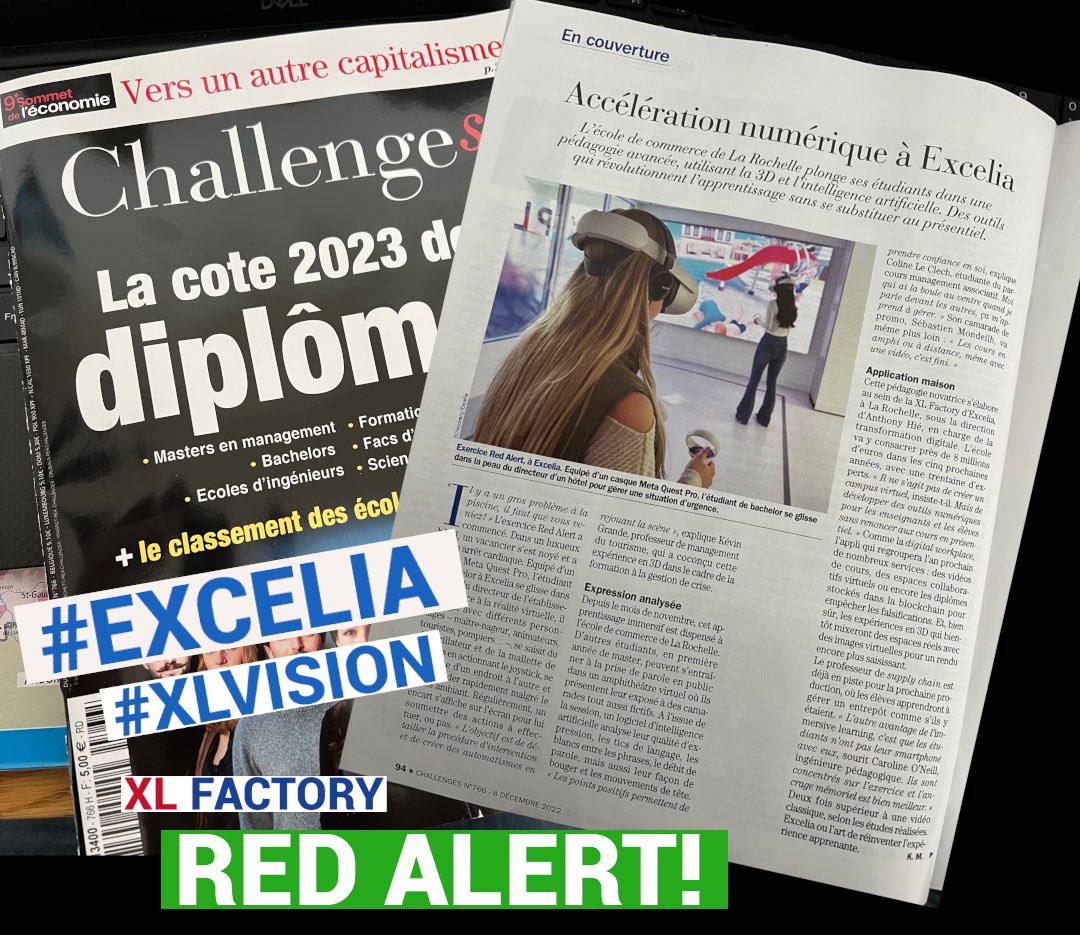 anthonyhie's tweet photo. Très fier de cet article à lire dans le numéro spécial de @Challenges! Bravo aux équipes #excelia pour cette accélération numérique au service de la pédagogie ! #RedAlert! #ImmersiveLearningExperience® #Phygital #neurolearning #Innovation #Ecoledufutur #VR #Metavers #XLvision #IA https://t.co/Sknaf2UGYA