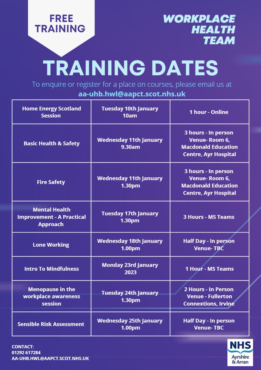 Public Health NHS A&A (@publichealthaaa) on Twitter photo Your local Workplace Health Team will provide FREE Training, for you & your workplace throughout January.
Enquire or register your interest for any of these courses
email: aa-uhb.hwl@aapct.scot.nhs.uk
Numbers are limited so places will be on first come basis.
#workwellness Your local Workplace Health Team will provide FREE Training, for you & your workplace throughout January.
Enquire or register your interest for any of these courses
email: aa-uhb.hwl@aapct.scot.nhs.uk
Numbers are limited so places will be on first come basis.
#workwellness