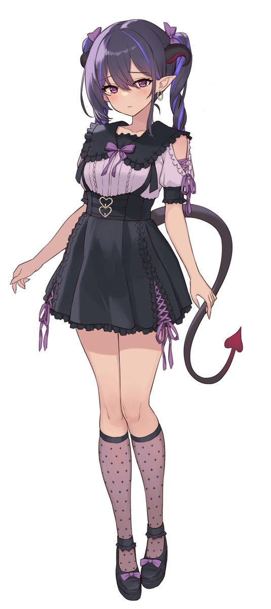 1girl solo tail purple hair streaked hair socks horns  illustration images