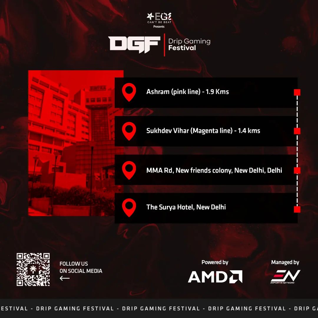 Here’s some directions for the venue so you don’t lose your way in excitement 😛

Gates open at 4PM

We can’t wait to see you at DGF 2022!🔥
@dripgamingfestival @amdindia
#ebullient #gaming #esports #teams #gamechanger #organisation #greatergame #Esports #performances #mobile