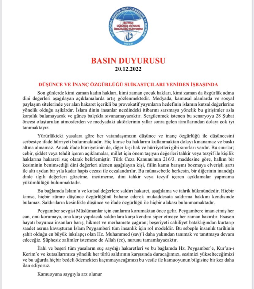 Peygamber Efendimiz Hz. Muhammed'e (SAV) yönelik hadsiz ithamlarda bulunarak toplumun büyük bir kesiminin inanç değerlerini alenen aşağılayan, kin ve düşmanlığa açıkça tahrik eden Yıldız Teknik Üniversitesi Öğrt.Görevlisi Dr.Uğur Kutay’ı lanetliyoruz.