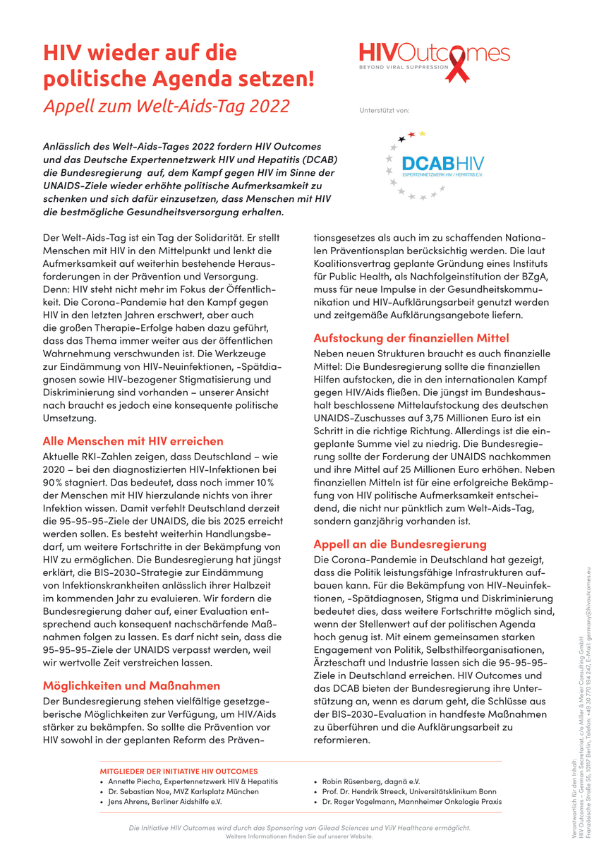 HIV Outcomes (@hivoutcomes) on Twitter photo <a href="/HIVOutcomes/">HIV Outcomes</a> Germany published a plea to 🇩🇪 Government demanding more political attention for the improvement of #HIV care. Pressing challenges are:
✅ Reaching <a href="/UNAIDS/">UNAIDS Global</a> 95-95-95 goals
✅ Better HRQoL for people with #HIV in 🇩🇪
✅ End stigma & discrimination
#WorldAIDSDay2022 <a href="/HIVOutcomes/">HIV Outcomes</a> Germany published a plea to 🇩🇪 Government demanding more political attention for the improvement of #HIV care. Pressing challenges are:
✅ Reaching <a href="/UNAIDS/">UNAIDS Global</a> 95-95-95 goals
✅ Better HRQoL for people with #HIV in 🇩🇪
✅ End stigma & discrimination
#WorldAIDSDay2022