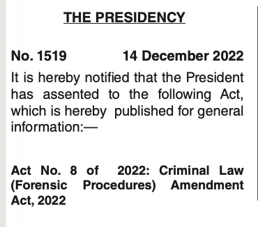 DNAforAfrica's tweet image. BREAKING NEWS: The #COBILL has been signed into law by @CyrilRamaphosa to become Act No. 8 of 2022: Criminal Law (Forensic Procedures) Amendment Act, 2022 @PresidencyZA @ActionSocietySA @end_GBVF #DNAact #SouthAfrica #News