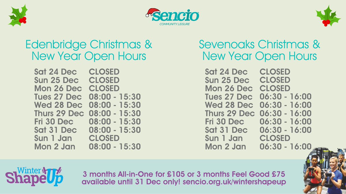 Christmas centre hours🎄

Find pool programmes at: sencio.org.uk/edenbridge/swim &amp; sencio.org.uk/sevenoaks/swim

WINTER SHAPEUP - 3 months All-in-One for £105 or 3 months Feel Good £75 available until 31 Dec only! ☃️☃️sencio.org.uk/wintershapeup/