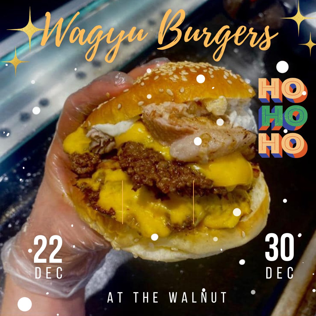 #tuesdayteaser!  Inbetween now and 2023, #wagyuburgersandstreetfood will be visiting us TWICE!  As they are closed for the whole of January, you'd better get your fix in either this #teaoutthursday or next Friday 🤤
.
#walktothewalnut #stowmarket #streetfood