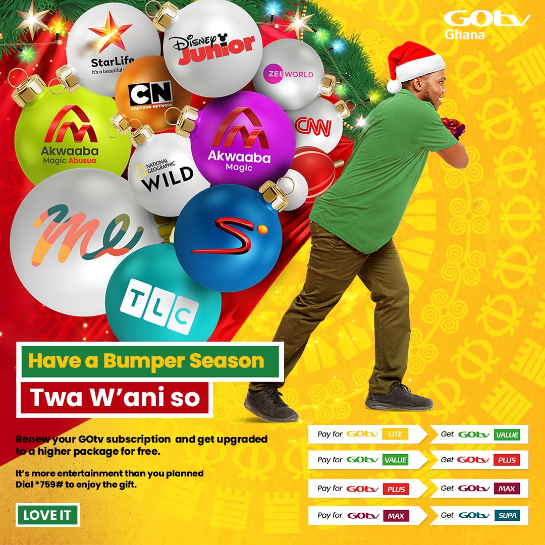 gyaigyimii's tweet photo. This Festive season will be a bumper one on @gotv_ghana!!!! We have so much for you and you can't miss out on it. All you have to do is renew your subscription and be upgraded to the next package for freeeee!! Enjoy this holiday season on us. #gotvfestive #twawaniso #Bumperseason https://t.co/Swza3Z1Vq1