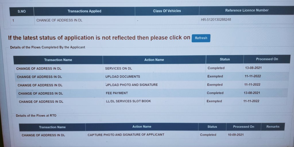 serenebrain's tweet photo. Applied online for address update in driving license last year . All formalities done by visiting office on 10.09.21 and original license submitted at RTO faridabad. Application is still under process at RTO level.#onlineservicesharyana
 @sdm_faridabad https://t.co/xLHugO7srw