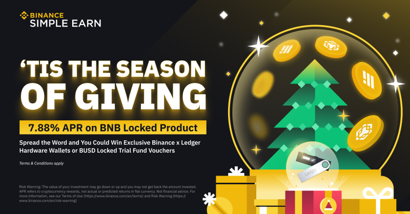 binance's tweet photo. Get in the Christmas spirit with #Binance Simple Earn!
 
For a limited-time time only, all verified users can enjoy up to 7.88% APR on #BNB Locked Products 🤝