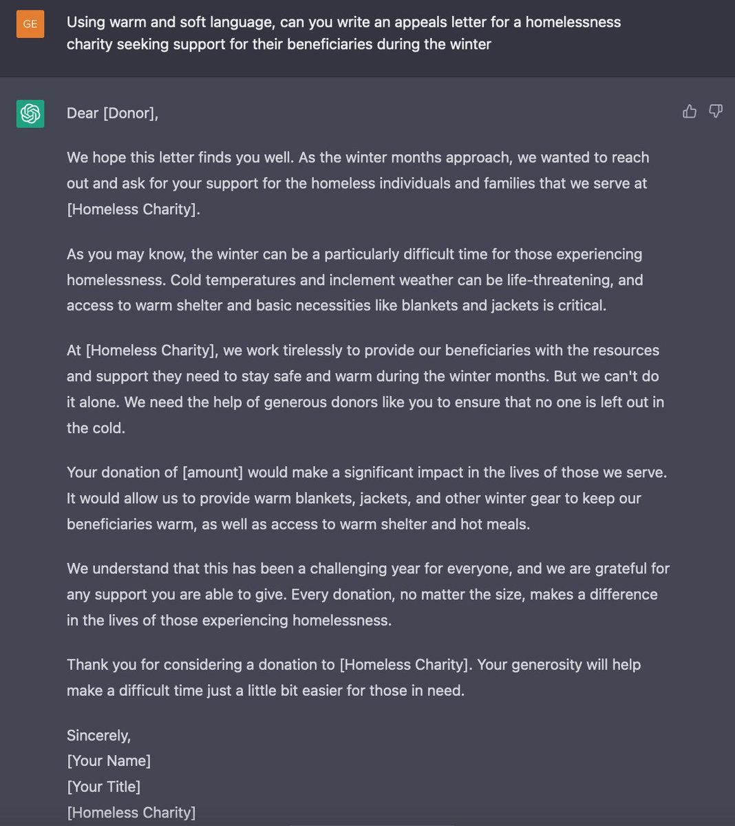 GeorgeKnightDSC's tweet photo. I have been using ChatGPT on my fundraising courses to plan appeals letters and fundraising applications.

This is just the tip of the iceberg with AI, even if a human is still needed to get it over the line.

What creative ways have you been using ChatGPT? https://t.co/qdzkdbcswU