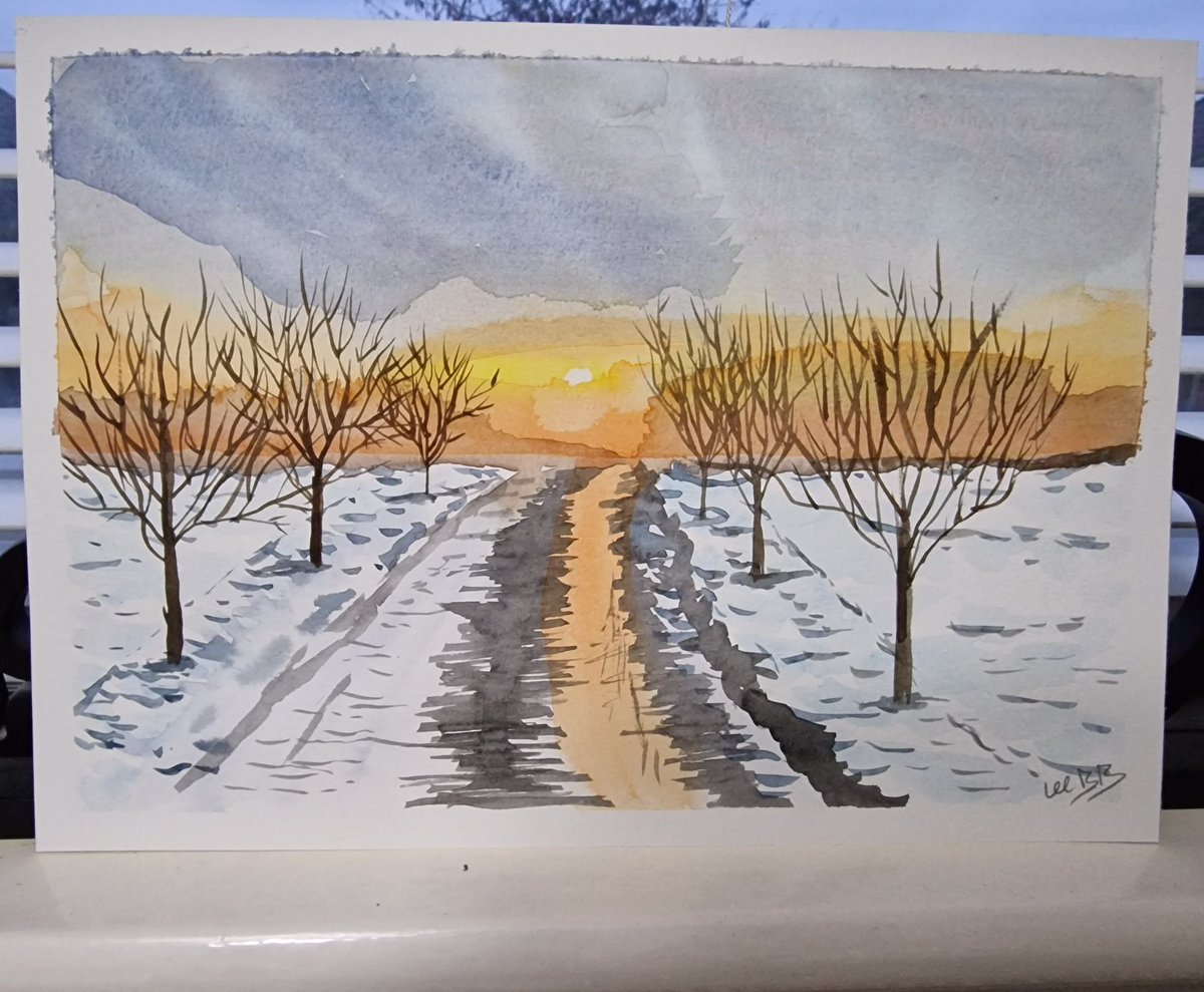 Here's a winter scene I created. It doesn't exist anywhere only in my imagination and now on this paper. I'd love to go for a stroll along that road to see where it leads. 🤔

#watercolour #Watercolourpainting #watercolourlandscapes #watercolourwinter #watercolourwinterscene