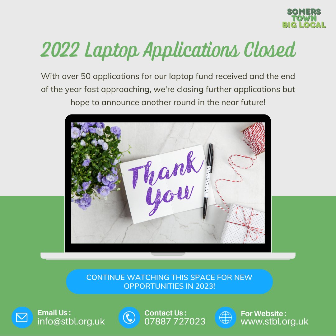 Thank you to everyone who applied for a laptop over the last month! We've reached out to all applicants with info on final steps; however if you didn't hear from us, please reach out. With the large level of interest, we hope to launch another round in 2023 so watch this space!