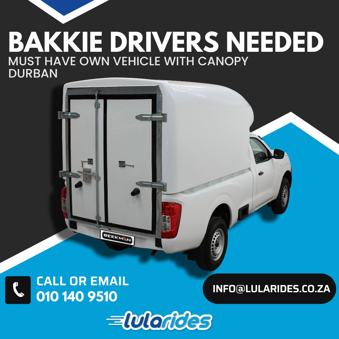 lularides's tweet photo. We are looking for drivers to work full time for a delivery business in Durban. 
You need your own delivery vehicle and SA PDP. 
You must have your own bakkie (with canopy) or panel van (2010 and newer) 
Apply by sending your contact details to: sithembisolularides@gmail.com https://t.co/zQOYrOAWyN