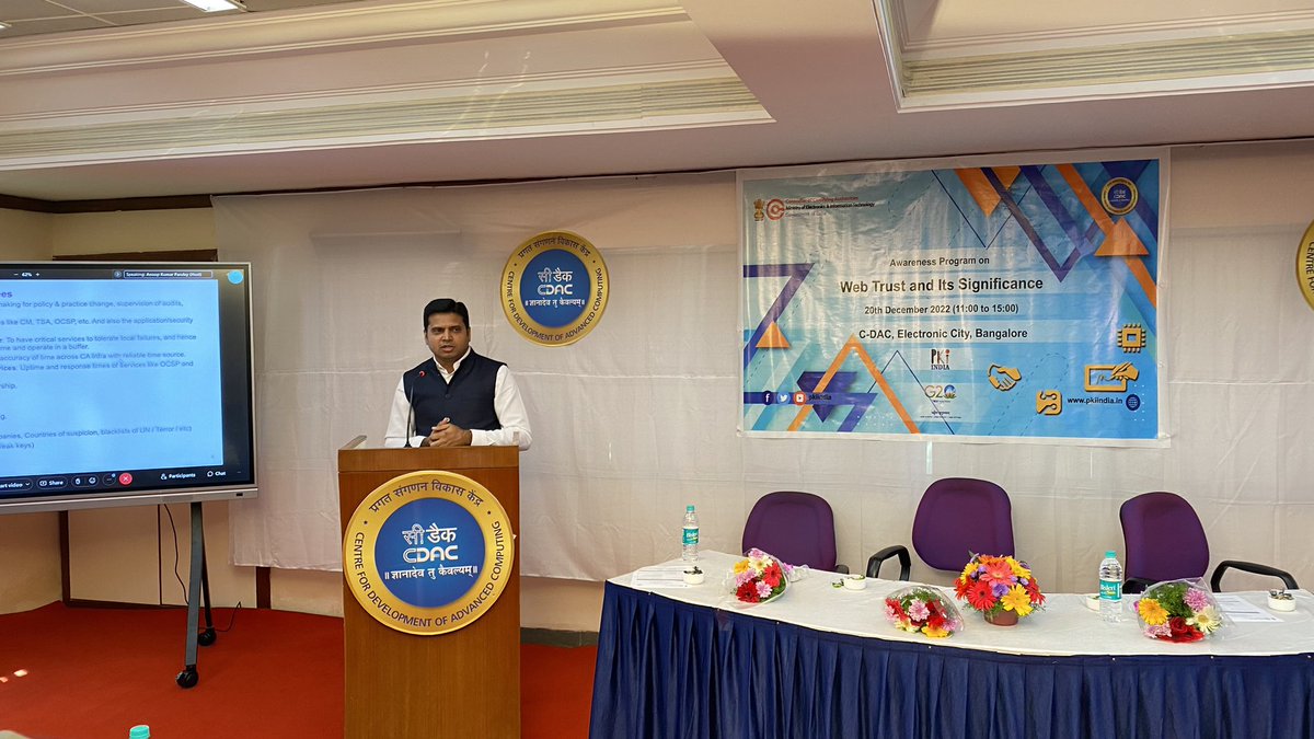 CDACBengaluru's tweet image. Mr Vijay Kumar, CTO, @eMudhra talks about key areas of importance for auditee. #webtrust @PKIIndia