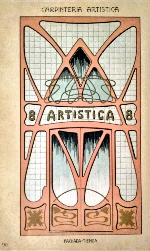 Design in Art Nouveau style for a facade of a shop from 1900 published in the book "Artistic Carpentry" by Andrés Audet y Puig, Barcelona.