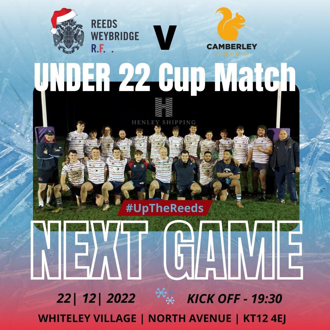 reedsweybridge's tweet photo. 𝐔’𝟐𝟐 𝐆𝐀𝐌𝐄𝐖𝐄𝐄𝐊

🏆 | U22 Cup
🗓️ | Thurs 22 Dec
🆚 | @CamberleyRugby 
⏰ | KO: 19.30pm
📍 | (H) KT12 4EJ

First of two festive fixtures with Cam starting this Thurs under the lights at home. Followed by a friendly away on the 30th. Team news to follow.. https://t.co/bhUr8lH5Mb