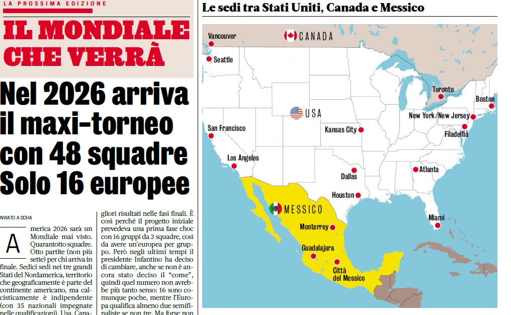 Guillaumemp's tweet photo. La #Gazzetta dévoile le prochain format du Mondial 2026. Les détails : 

- 48 équipes (16 européennes)
- 16 villes hôtes
- 12 groupes de 4
- Les 2 premiers + 8 meilleurs troisièmes qualifiés
- 16es de finale
- 104 matchs au total https://t.co/fkl2AnIthS