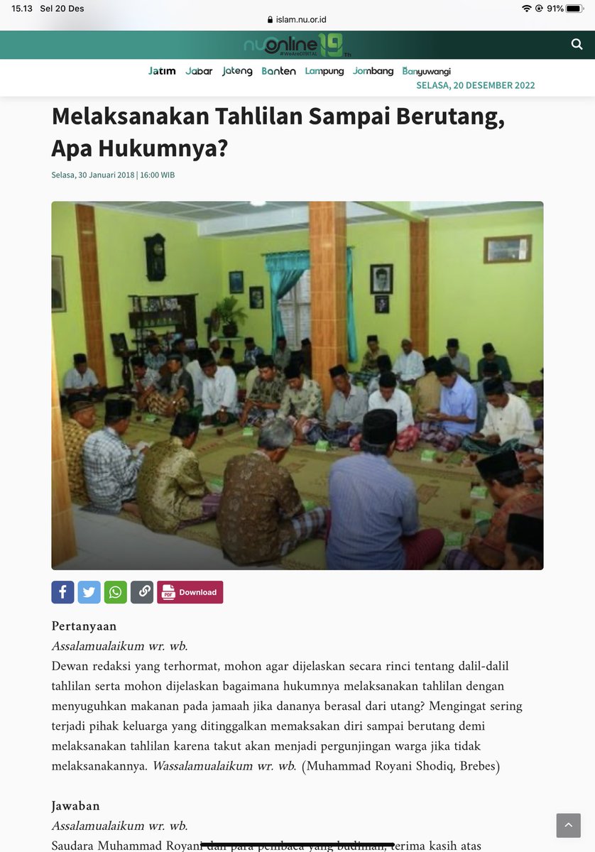 UTANG utk SLAMETAN

- Ada netizen protes: kiai NU harusnya menyampaikan kpd masy bhw tradisi slametan 7, 40, 100 &amp; 1000 hari itu tdk wajib, krn tradisi itu memberatkan masy kurang mampu. Klo soal dalil, kiai NU pasti bs jelaskan tuntas. <a href="/nu_online/">NU Online</a> jg dah pernah membahasnya. Tp..