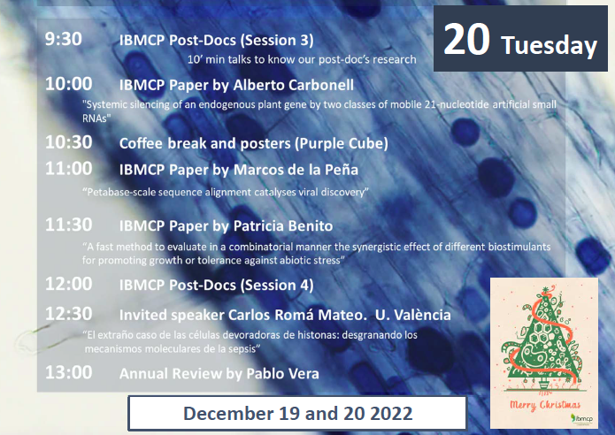 IBMCP's tweet photo. 🌱#JornadasIBMCP
¡Última jornada ! Hoy desde las 9:30h disfrutaremos de las sesiones #IBMCPPostDocs, y de ponencias #IBMCPPaper de la mano de @A_Carbonell_ , @Marcos_dlP, Patricia Benito y nuestro invitado @DrLitos de @UV_EG
Cerrará la jornada nuestro director Pablo Vera https://t.co/DMh1QxZAAc
