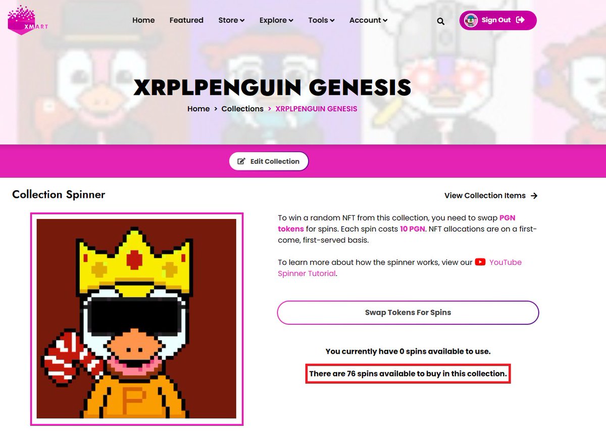 Almost fully minted! 💥💥💥 76 left!

Go spin and win with <a href="/XRPLMarketPlace/">Xmart</a> 👇

Go claim your XRPLPENGUIN 🐧

1⃣ Login with XUMM
2⃣ Create your Profile
3⃣ Spin Away!

10 $PGN TO SPIN AND WIN!

xmart.art/collections/PG…