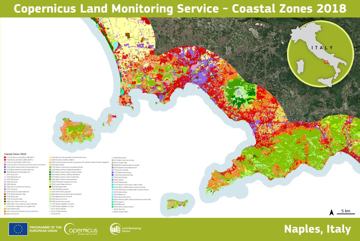 40% of the 🇪🇺 population lives within 50 km of the sea & is threatened by the effects of #ClimateChange Discover how the @CopernicusLand Coastal Zones product contributes to monitoring such fragile areas land.copernicus.eu/local/coastal-… ⬇️Coastal zones dataset over the Campania region🇮🇹