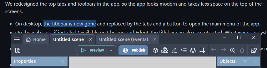 GXCreate's tweet photo. I just checked the new #GDevelop update. I really love this one, even if it's small thing, all app nowadays should have this by default tbh. 

I long for the the liberation of my 1920x25 pixels working space on the top of my every application windows #gamedev #HNGK https://t.co/HR39zf0BVQ
