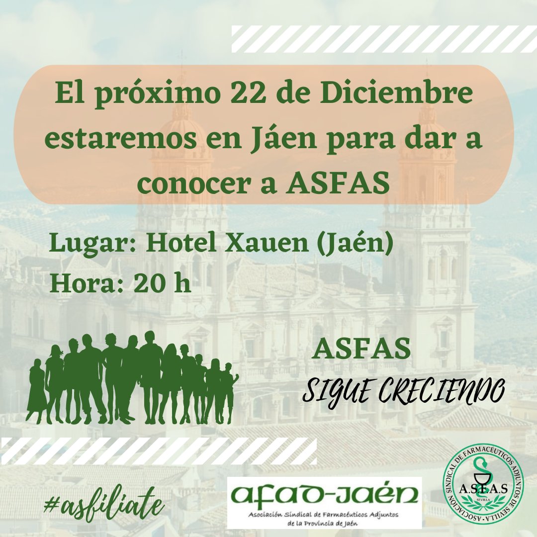El próximo 22 de Diciembre, el presidente y vicepresidente de ASFAS estarán en Jaén.

Así que si eres farmacéutic@, vives en Jaén y estás interesado en mejorar tus condiciones laborales tienes una cita con nosotros.

Allí te esperamos!! 😉
