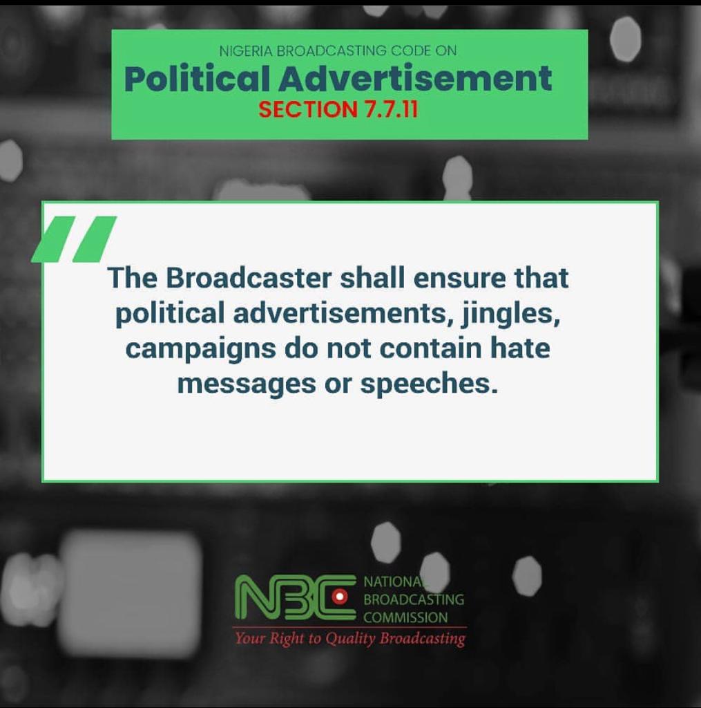 nbcgovng's tweet photo. #broadcasting 
#Politicaladvertisement
#NBCode 
REMINDER!!
Guidelines on Political Advertisement as stipulated in the Nigeria Broadcasting Code. 
@NtaNewsnow @radionigeriahq 
@AIT_online 
@channelstv
@TVCconnect
@Arisetv 
@NigeriainfoFM
@voiceofnigeria 
@nannews_ng 
@SilverbirdTV https://t.co/wOv2Up5HR9