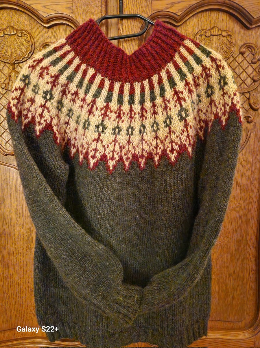 I love to knit woolly jumpers with old Islandic patterns and with Lettlopi yarn. This is my latest of 13 jumpers. It's called Ar tre'sins 'The year of a tree'. The main colour is dark green😊#knittingtwitter #lovetoknit #Islandicjumpers