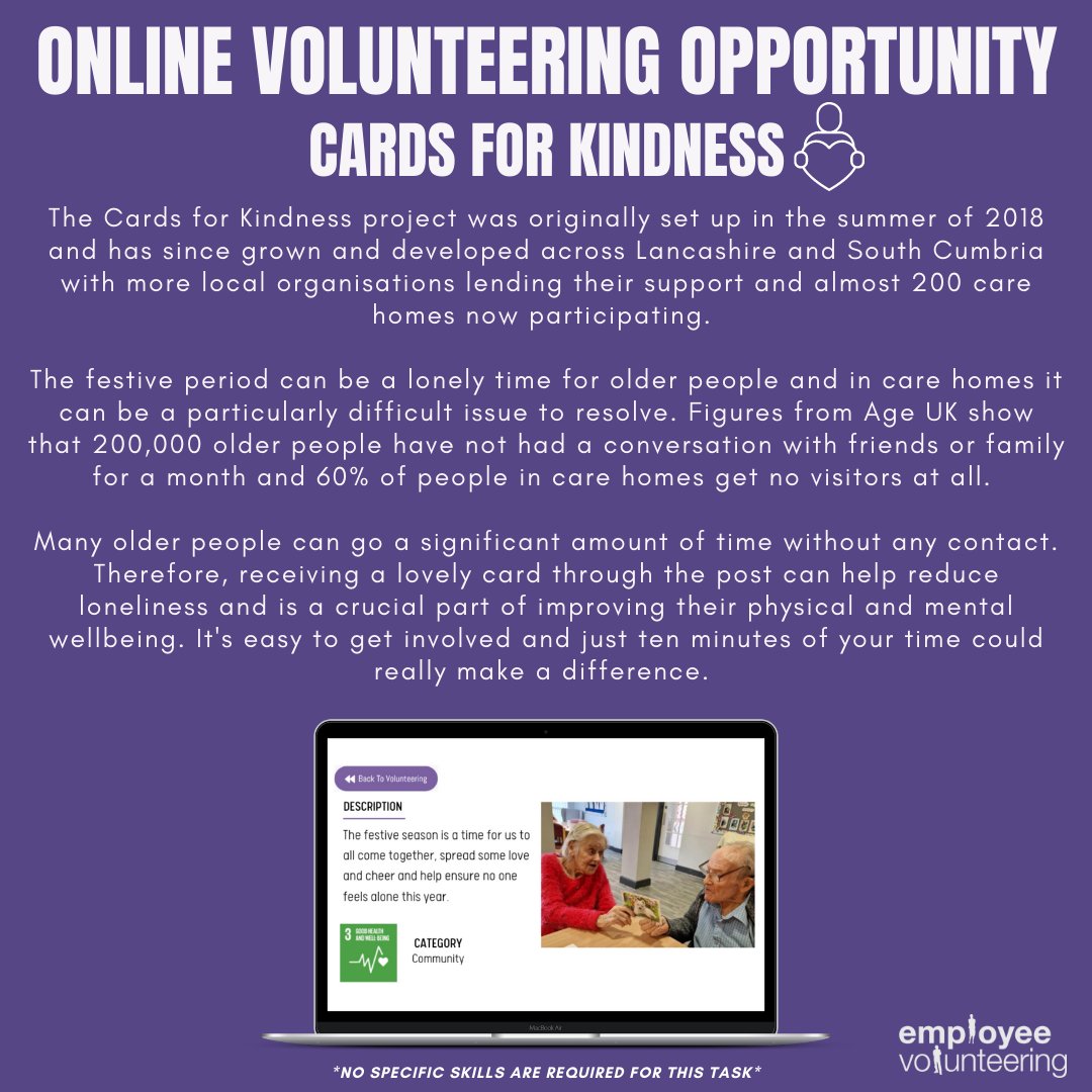 Cards for Kindness encourages community spirit through the simple act of writing a card. Loneliness is a growing problem among older people &amp; reducing lonliness is crucial to improve physical &amp; mental wellbeing. 
#volunteering #christmas #onlinevolunteering #employeevolunteering