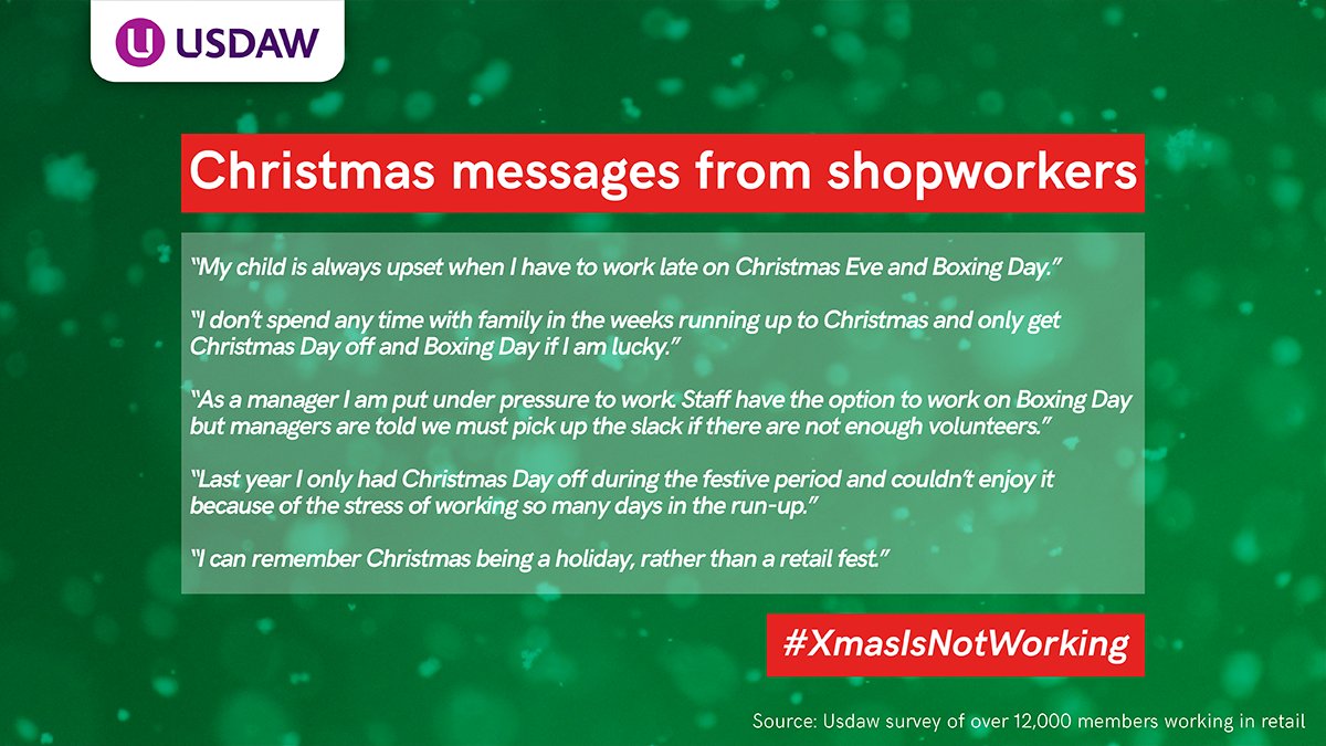 UsdawUnion's tweet photo. Usdaw members overwhelmingly support retail closures on Boxing Day.
This is what they told us about life in retail over the busy Christmas period 👇
#XmasIsNotWorking https://t.co/Aqa6FNaBRo