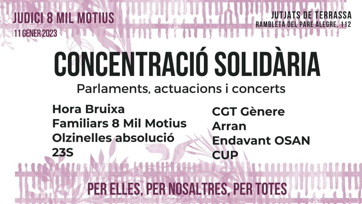 HoraBruixaStc's tweet photo. El proper 11 de gener es celebrarà el judici contra les companyes de @8milmotius.
Manifestar-se un 8 de març mai hauria de ser delicte. Ens veiem a la manifestació solidària del mateix 11 de gener als jutjats de Terrassa.

Contra la repressió; per elles, per nosaltres, per totes! https://t.co/uYTMwTZFA9