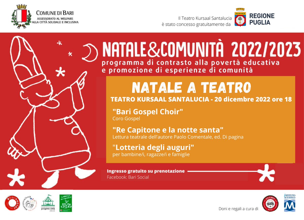 Oggi al teatro Kursaal “Natale a teatro”, un pomeriggio di musica e giochi per i bambini della città organizzato dal Welfare nell’ambito del programma di contrasto alla povertà educativa “Natale &amp; Comunità”➡️comune.bari.it/-/domani-al-te…