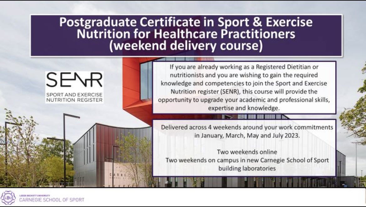 So excited for our <a href="/SENregister/">SENR</a> accredited PG Cert Sp Ex Nutrition course for Dietitians/Healthcare Practitioners weekend delivery course starting 21st Jan 23, last few spaces left! contact l.duckworth@leedsbeckett.ac.uk