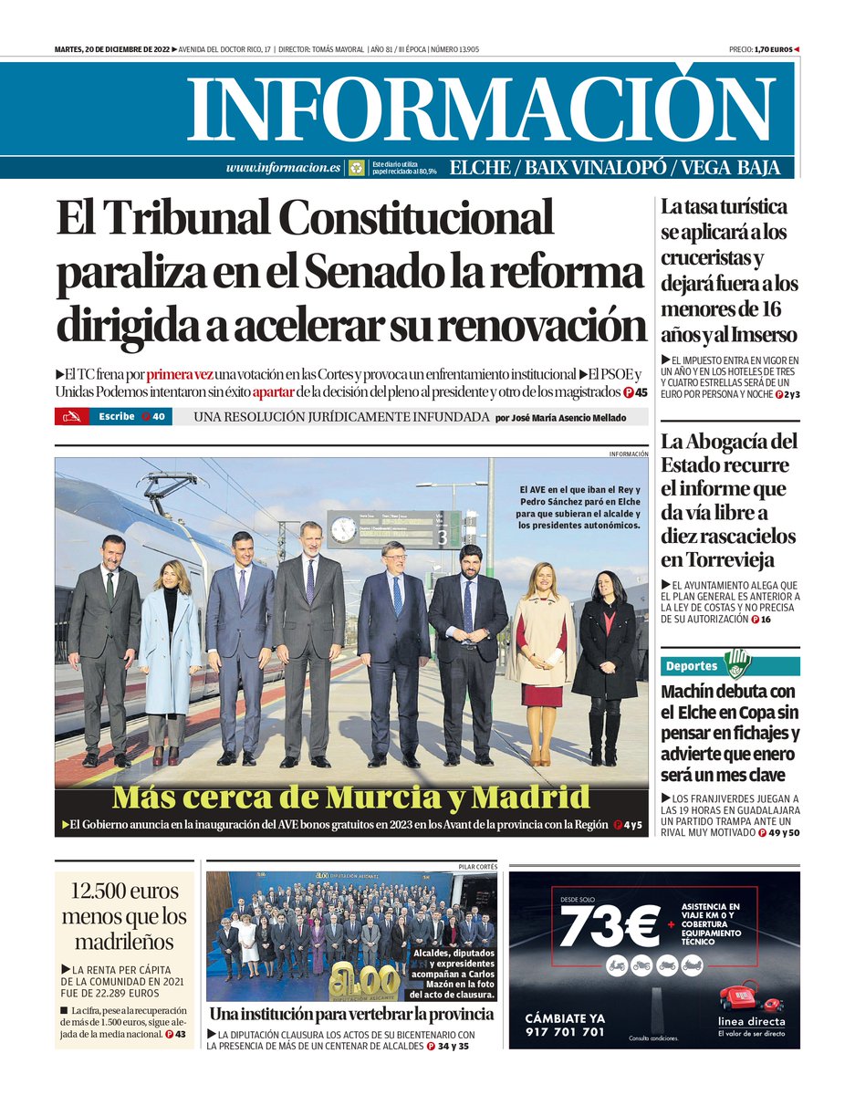 inf_vegabaja's tweet photo. 🔵¡Buenos días! Compartimos aquí nuestra #Portada📰de #hoy, #martes 20 de #diciembre de 2022
▶️La Abogacía del Estado recurre el informe que da vía libre a diez rascacielos en #Torreveja
🔘Sigue la actualidad de la #VegaBaja en https://t.co/DrOTNrPRGk https://t.co/hQyL0Ows3H