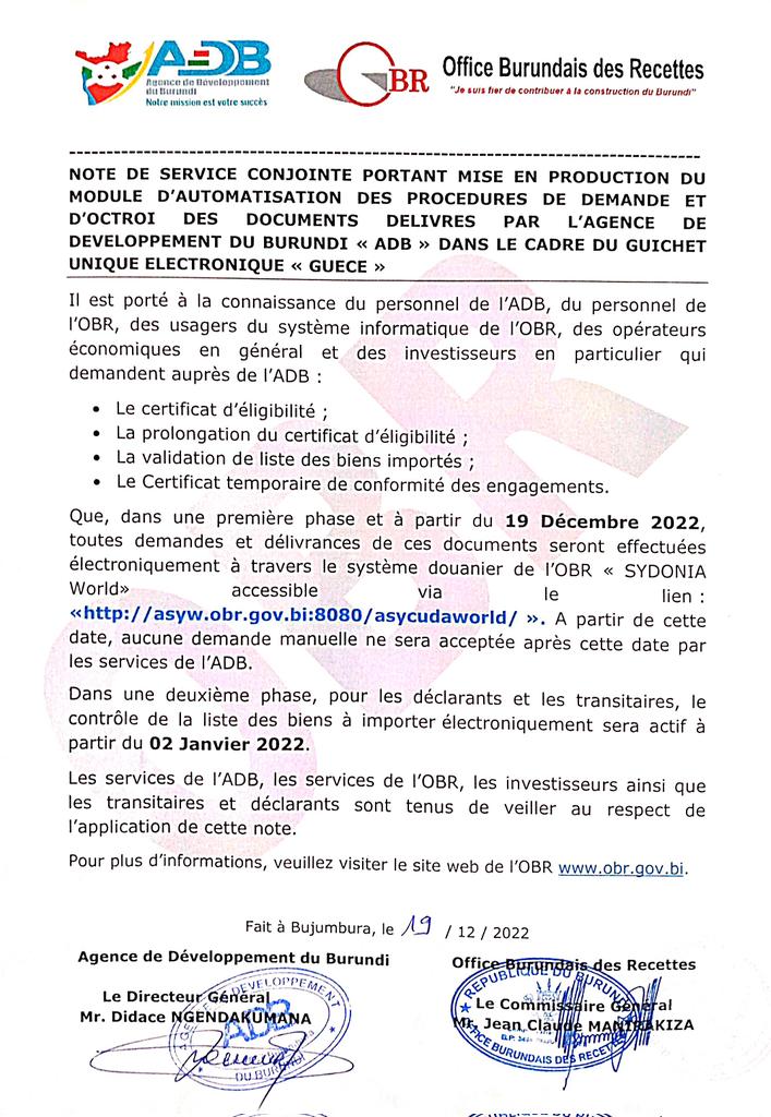 #Burundi Désormais, la demande de certificat d'éligibilité et de sa prolongation, la validation de liste de biens importés, le certificat temporaire de conformité des engagements se font électroniquement à travers le système #SYNODIA de l'<a href="/OBR_BI/">Office Bdais des Recettes</a>
 https:\\asyw.obr.gov.bi:8080/asycudaworld/