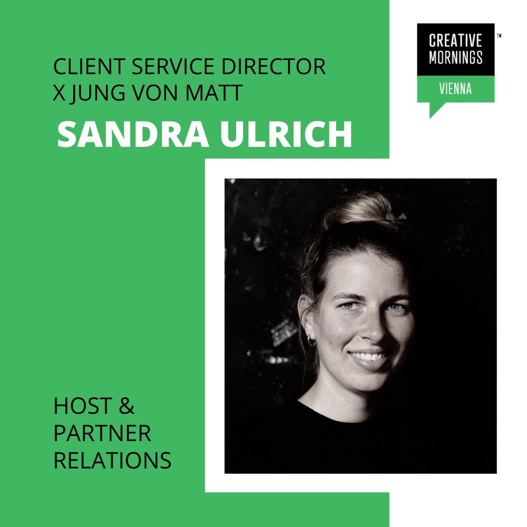 Meet <a href="/FrauUlrich/">Sandra Ulrich</a>:
She studied journalism and communication at <a href="/univienna/">Universität Wien</a> an is nowClient Service Director at @jungvonmatt.

She has been responsible for @vienna_cm as a host for about 3 years now.

#viecm #creativemornings #branding  #jungvonmattdonau #consultant #strategy