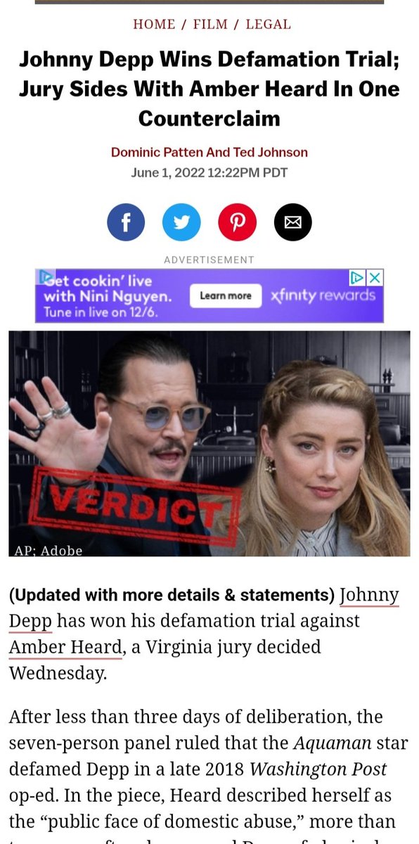 FemCondition's tweet photo. "Today’s verdict confirms what we have said from the beginning — that the claims against Johnny Depp are defamatory and unsupported by any evidence,” Camille Vasquez
Verdict is permanant; Depp showed grace to his abuser by lowering damages.
#DeppIsInnocent
#AmberLied
#DeppWon https://t.co/JOrcGMGqMS