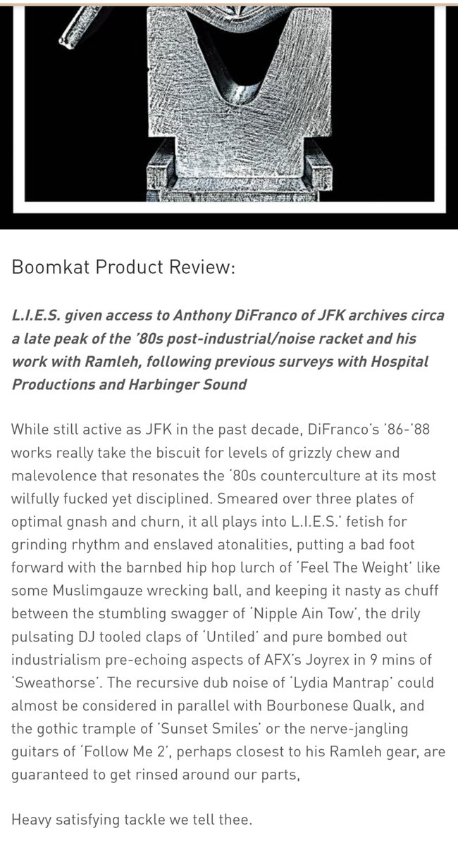 Many thanks to Boomkat for their review of the new JFK "Tape Archive" LP on L.I.E.S.: "..levels of grizzly chew and malevolence that resonates the ‘80s counterculture at its most wilfully fucked yet disciplined.. Heavy satisfying tackle we tell thee.." boomkat.com/products/archi…
