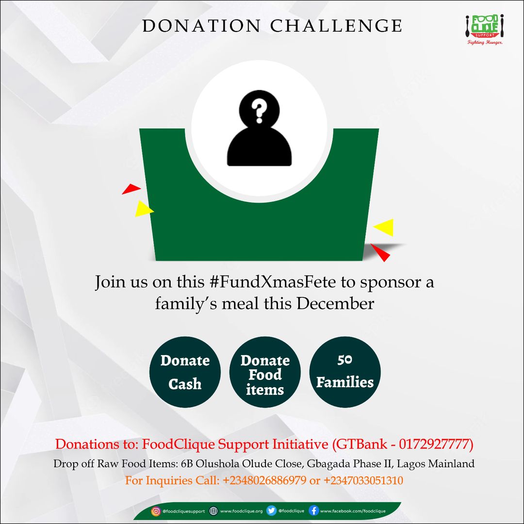 TO DONATE NON PERISHABLE FOOD ITEMS:
Donate@foodclique.org or call +234-9011461593

TO MAKE PARTNERSHIP ENQUIRY:
Info@foodlique.org or call
+234-7033051310

#GiveHope
#WeAreStrongerTogether
#SDGs
#UnitedNations
#ZeroHunger 
#JourneyToZeroHunger
#BolajokoLivesOn
#Charity
#NGO