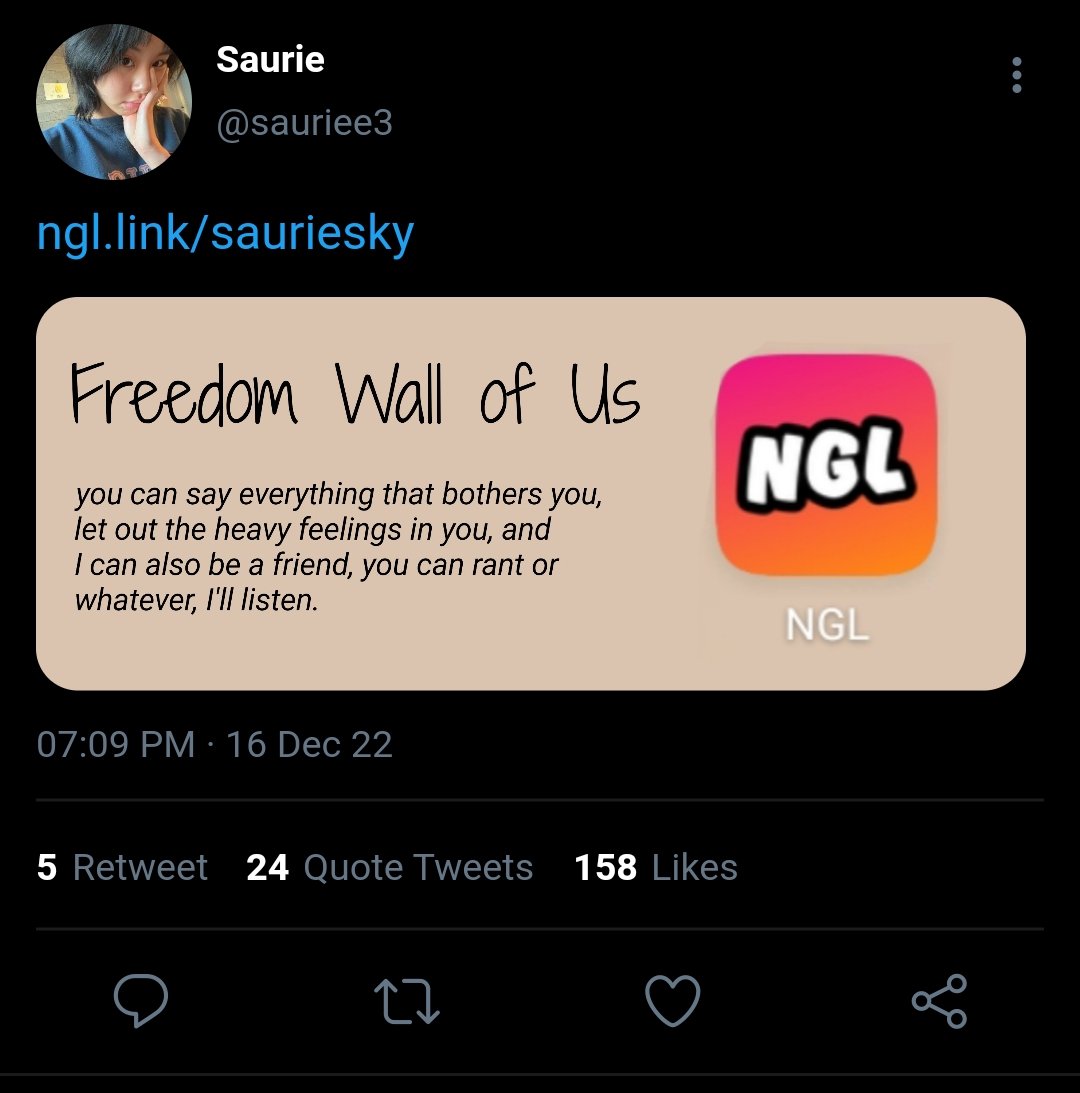 vinfics's tweet photo. NOT GONNA LIE

A #michaengau where —
Saurie(cy) has a crush on Aby(mn), but Aby doesn't know her. However, Aby was once interested when she saw a tweet about NGL Link that said, "Freedom Wall of Us." She then wrote her unsaid emotions in it and Saurie, the link's owner, read it. https://t.co/xwvuy2Ufsq