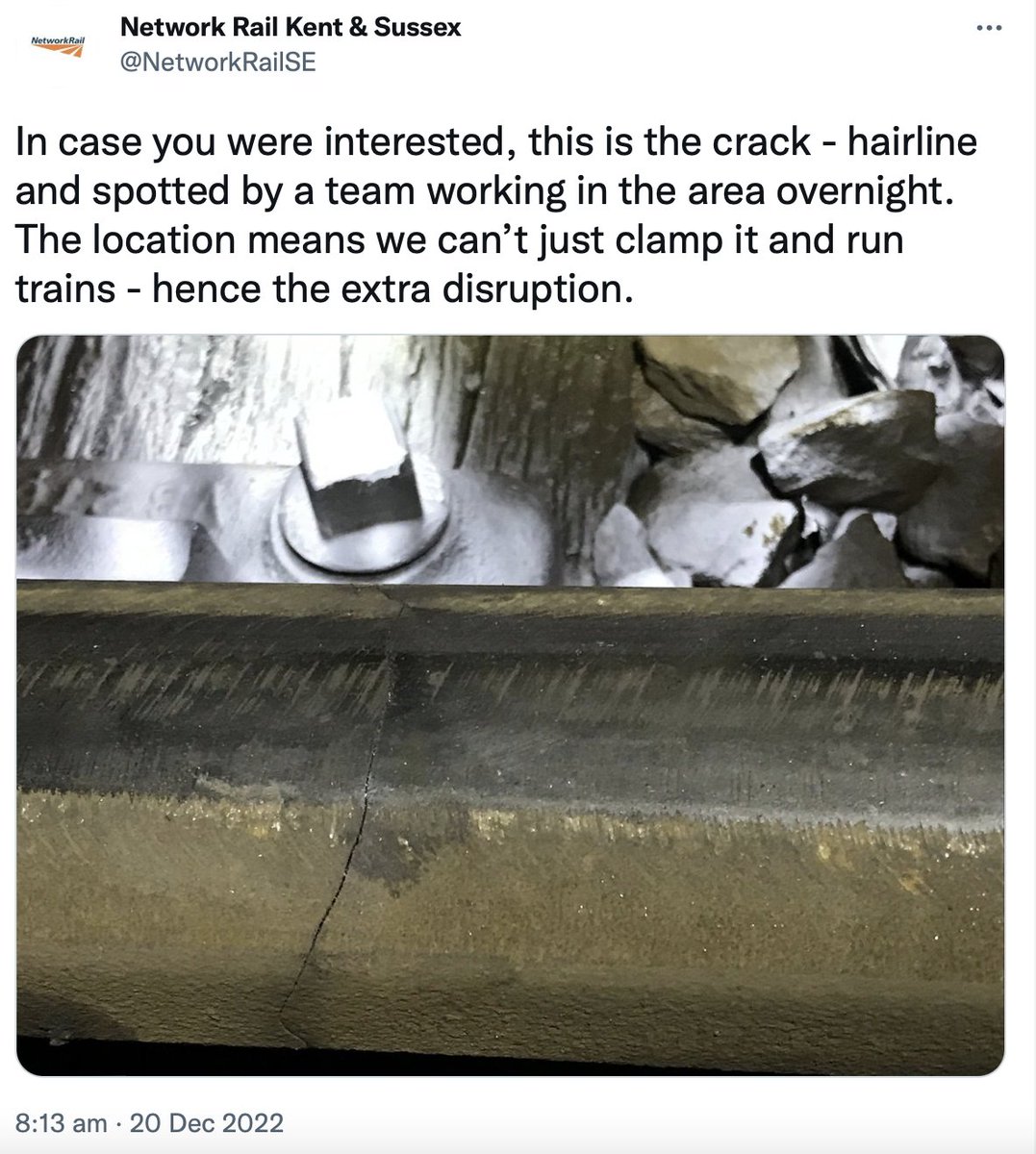 Top work by the Network Rail team that discovered this hairline crack in a rail last night.
This is precisely the type of incident that could be missed if Network Rail cut their scheduled maintenance tasks by 50%
#SupportRailWorkers