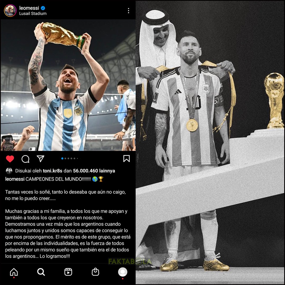 Postingan Instagram Lionel Messi juara Piala Dunia 2022, berhasil memecahkan rekor sebagai postingan Instagram dengan jumlah likes terbanyak sepanjang sejarah 🏆👏