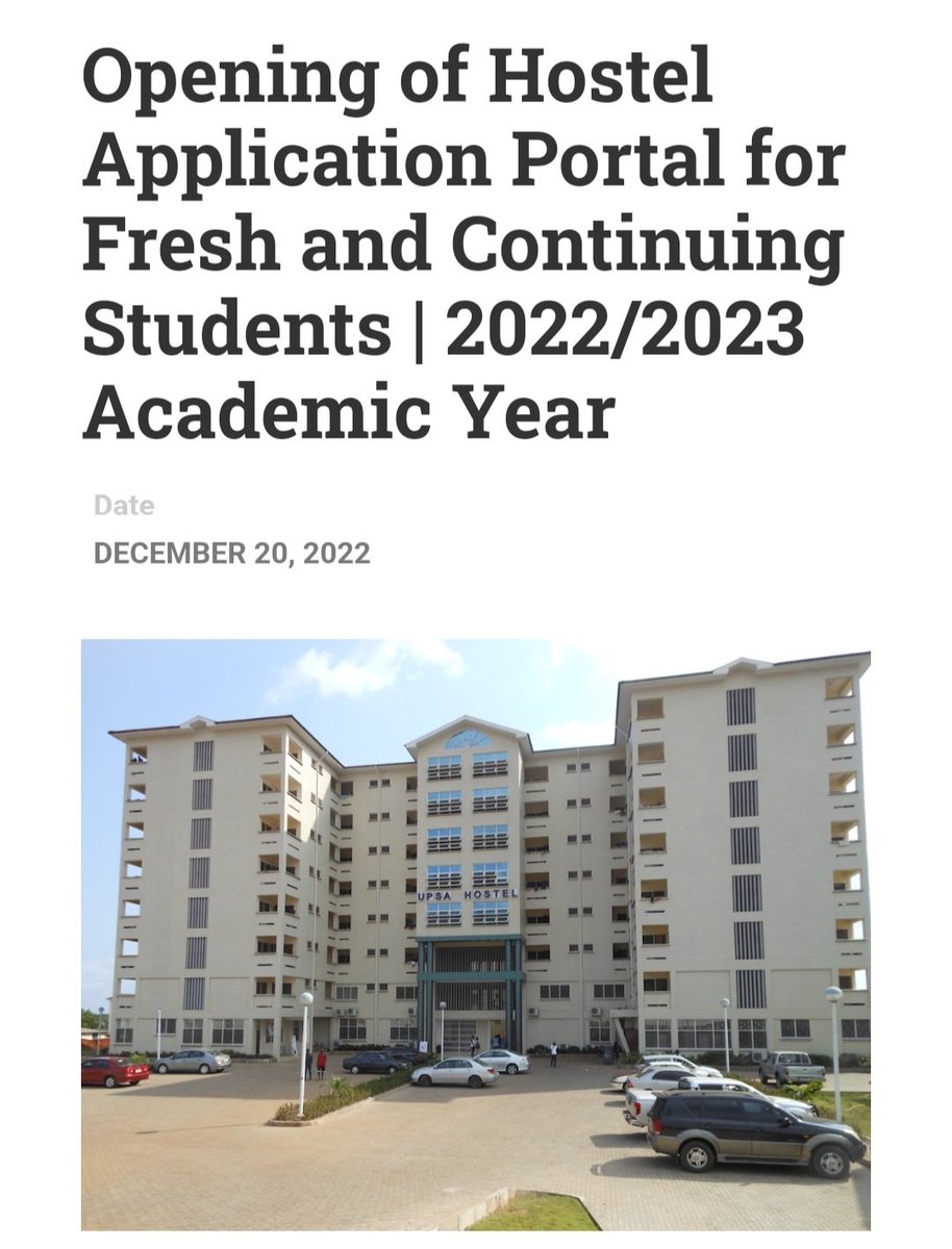 upsaccra's tweet photo. This notice comes to inform all Fresh and Continuing students of the University that the hostel application portal will be opened for bookings on Tuesday, 20th December 2022 at 10am.

1/2 https://t.co/MST3OMQJC3
