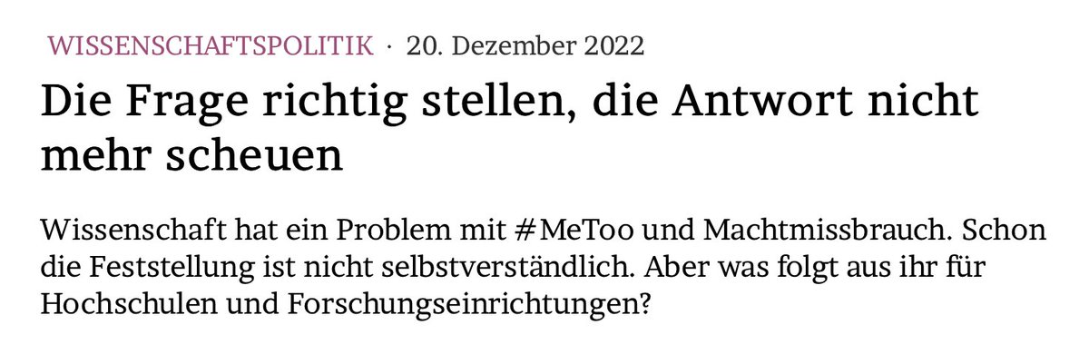 JMWiarda's tweet image. Die Frage richtig stellen, die Antwort nicht mehr scheuen

#Wissenschaft hat ein Problem mit #MeToo und #Machtmissbrauch. Schon die Feststellung ist nicht selbstverständlich. Aber was folgt aus ihr für Hochschulen und Forschungseinrichtungen?

Im Blog: jmwiarda.de/2022/12/20/die…