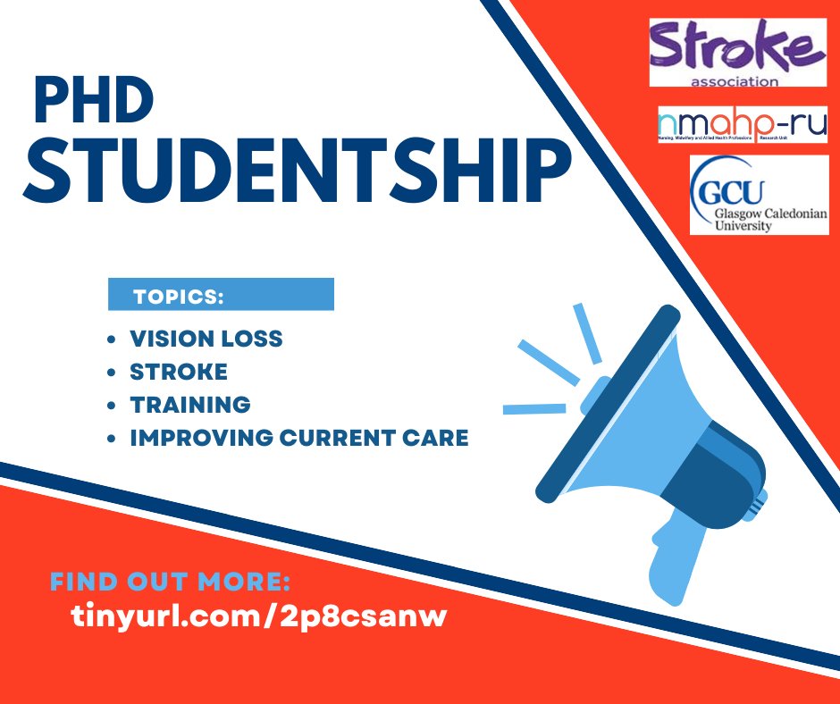 .<a href="/CRHazelton/">Dr Christine Hazelton</a> @NMAHPRu has a *fully funded PhD studentship* looking at team practice in the management of visual impairment in stroke.  For more details and link to apply: findaphd.com/phds/project/i… 
#VisionLoss #stroke #rehabilitation #optometry #OccupationalTherapy